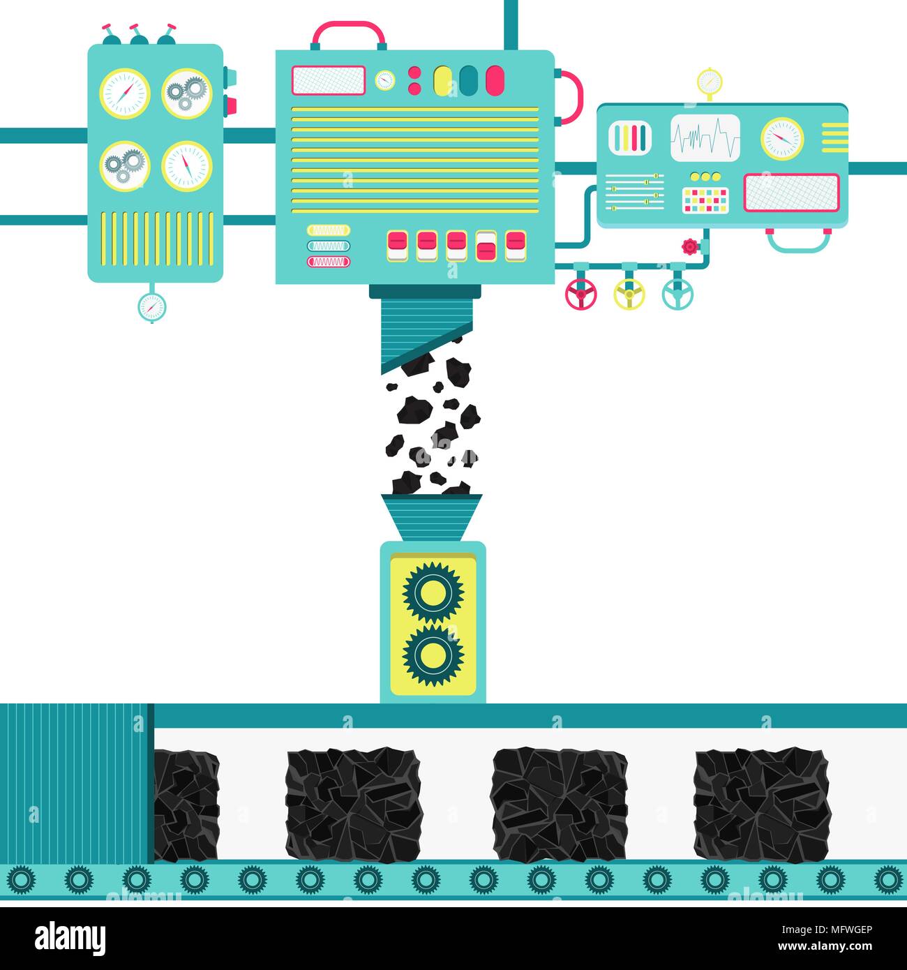 Macchine di trasformazione del carbone grezzo e trasformandolo in blocchi di carbone. Illustrazione Vettoriale