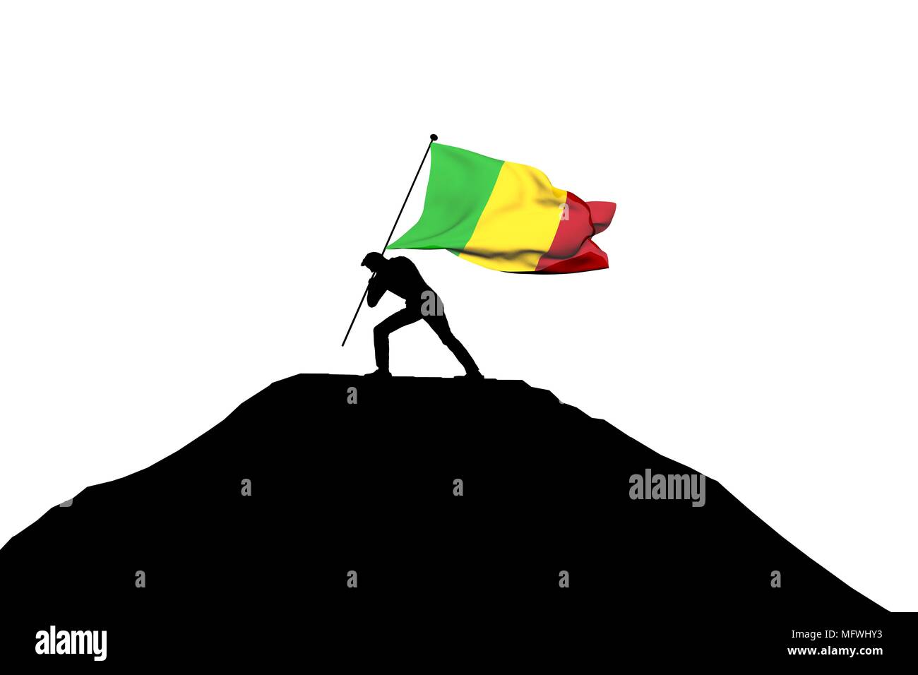 Mali bandiera essendo spinto in cima della montagna da un maschio di silhouette. Il rendering 3D Foto Stock