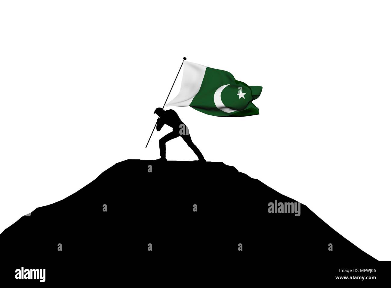 Il Pakistan bandiera essendo spinto in cima della montagna da un maschio di silhouette. Il rendering 3D Foto Stock