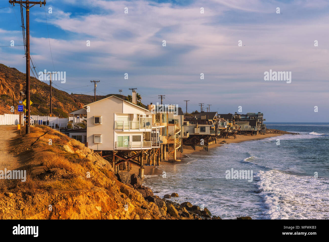 Case sul fronte oceano di Malibu Beach in California Foto Stock
