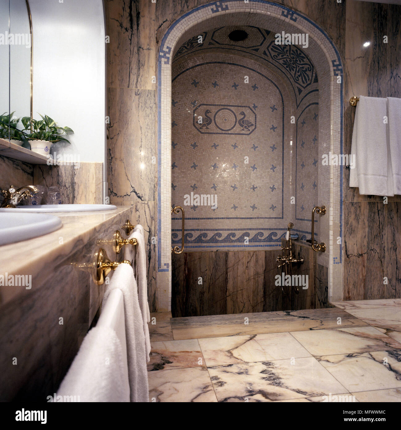 Vista di un ben progettato box doccia nella stanza da bagno Foto Stock
