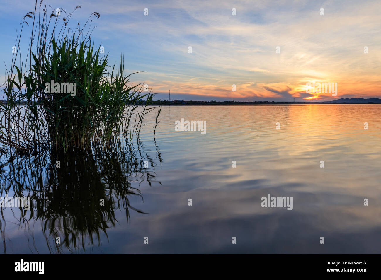 Bel tramonto nel delta del Danubio, Romania Foto Stock
