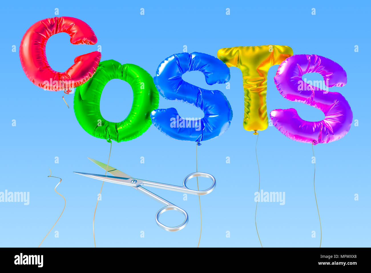 Il taglio dei costi concetto con lamina di colorati palloncini. Il rendering 3D Foto Stock