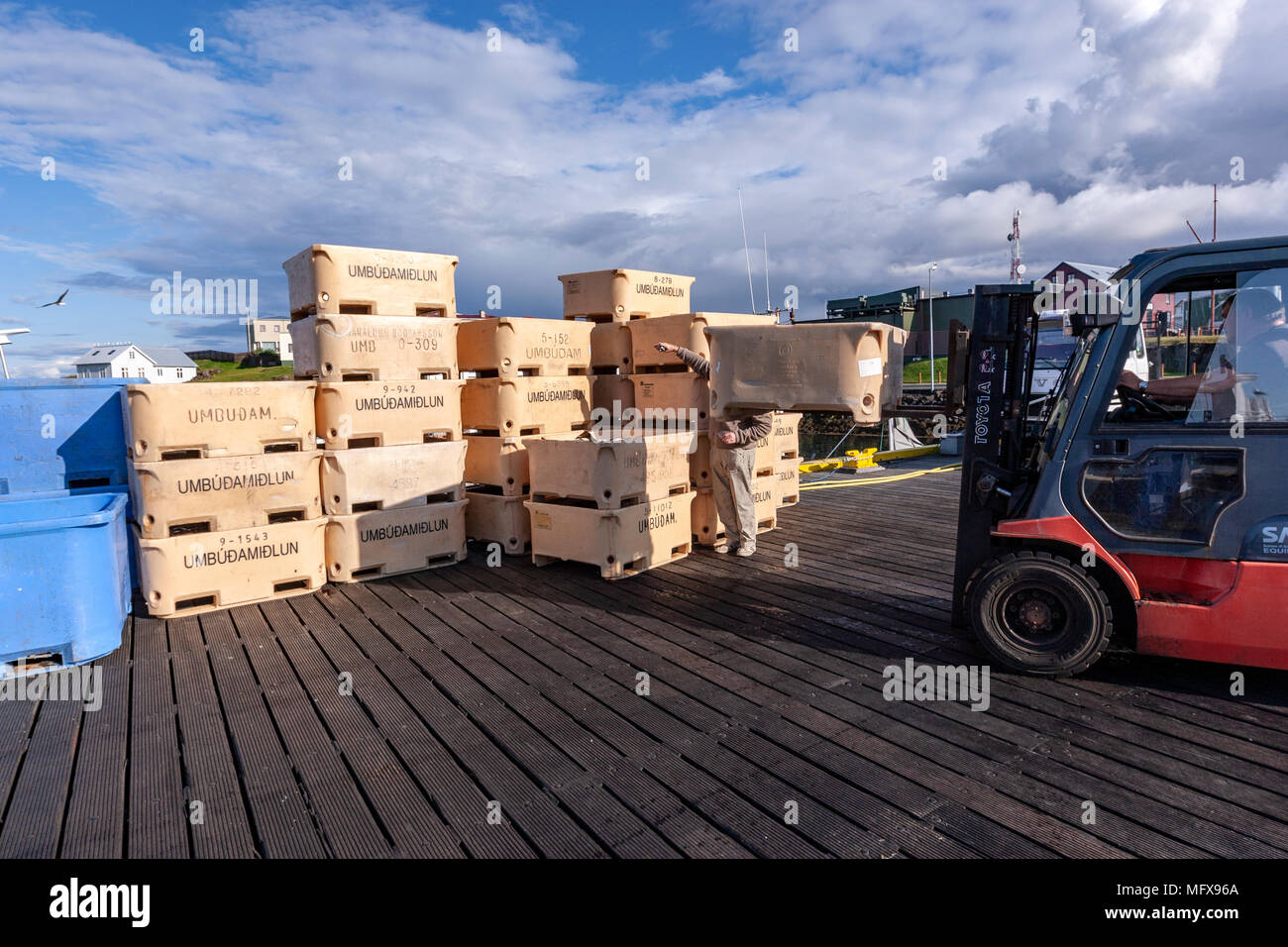 Magazzinaggio del pesce di contenitori impilati su pallet di spedizione con il pesce nella cache in Stykkishólmur Harbour, Snaefellsnes peninsula, Islanda Foto Stock