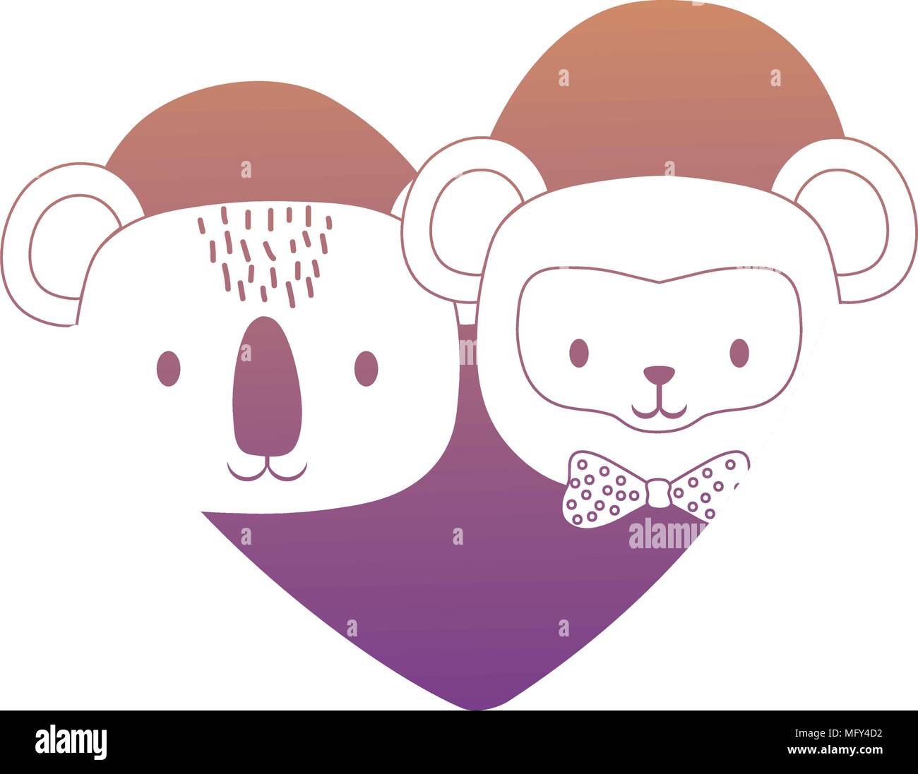 Cuore con la cute e di scimmia koala su sfondo bianco, design colorato. illustrazione vettoriale Illustrazione Vettoriale