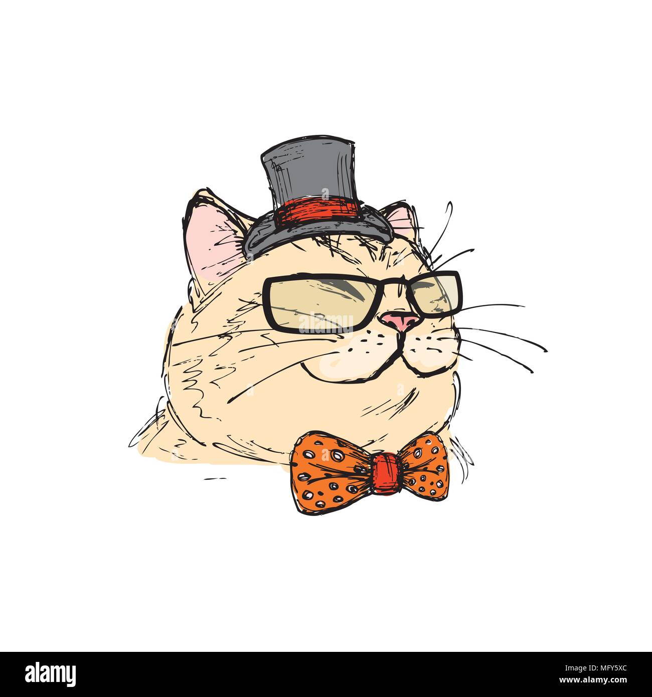 Moda ritratto di gattino boy, gatto con il filtro bow tie e bicchieri, disegnati a mano isolato su bianco, illustrazione vettoriale Illustrazione Vettoriale