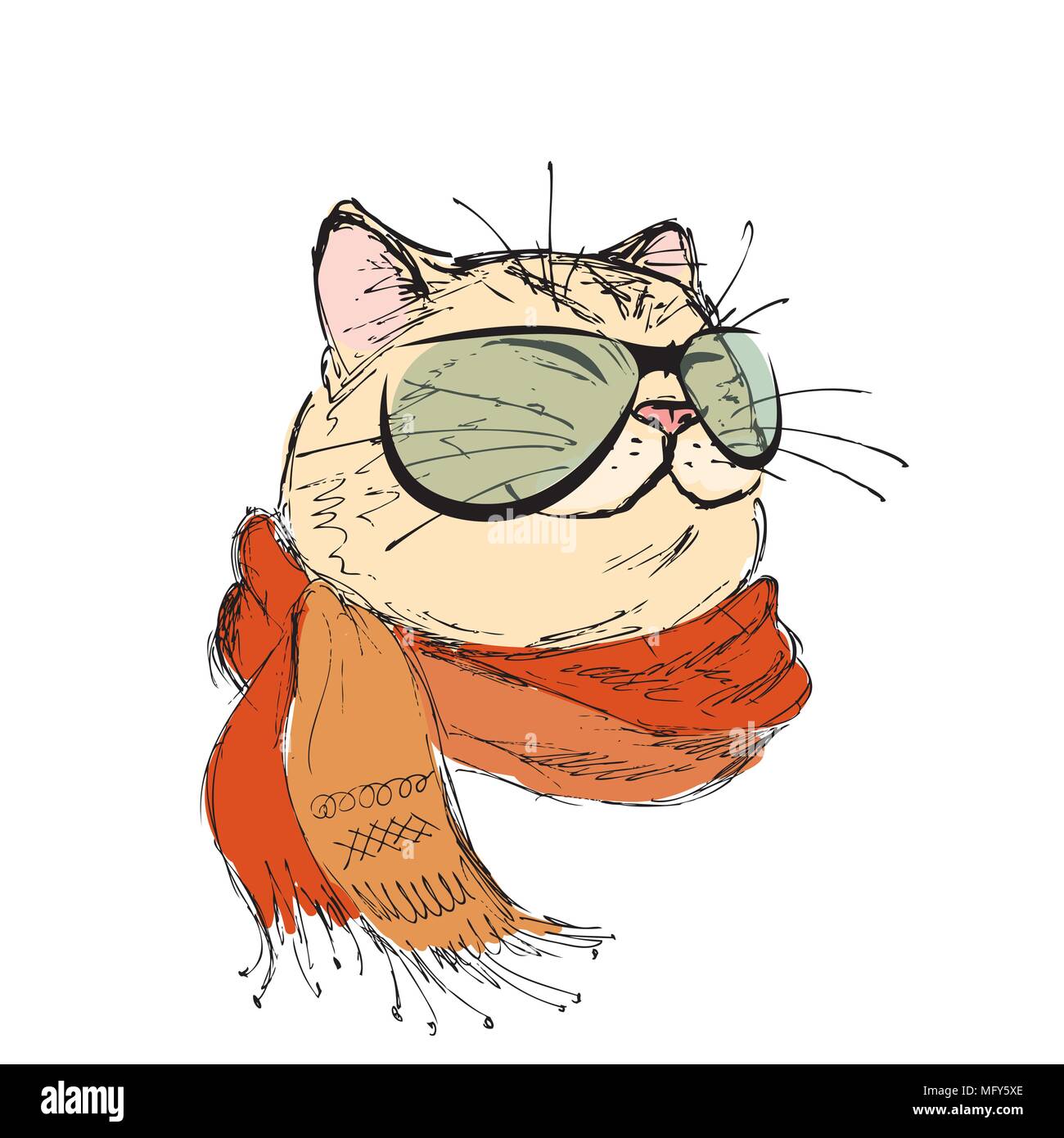 Moda ritratto di gattino boy, cat con sciarpa e occhiali, disegnati a mano isolato su bianco, illustrazione vettoriale Illustrazione Vettoriale
