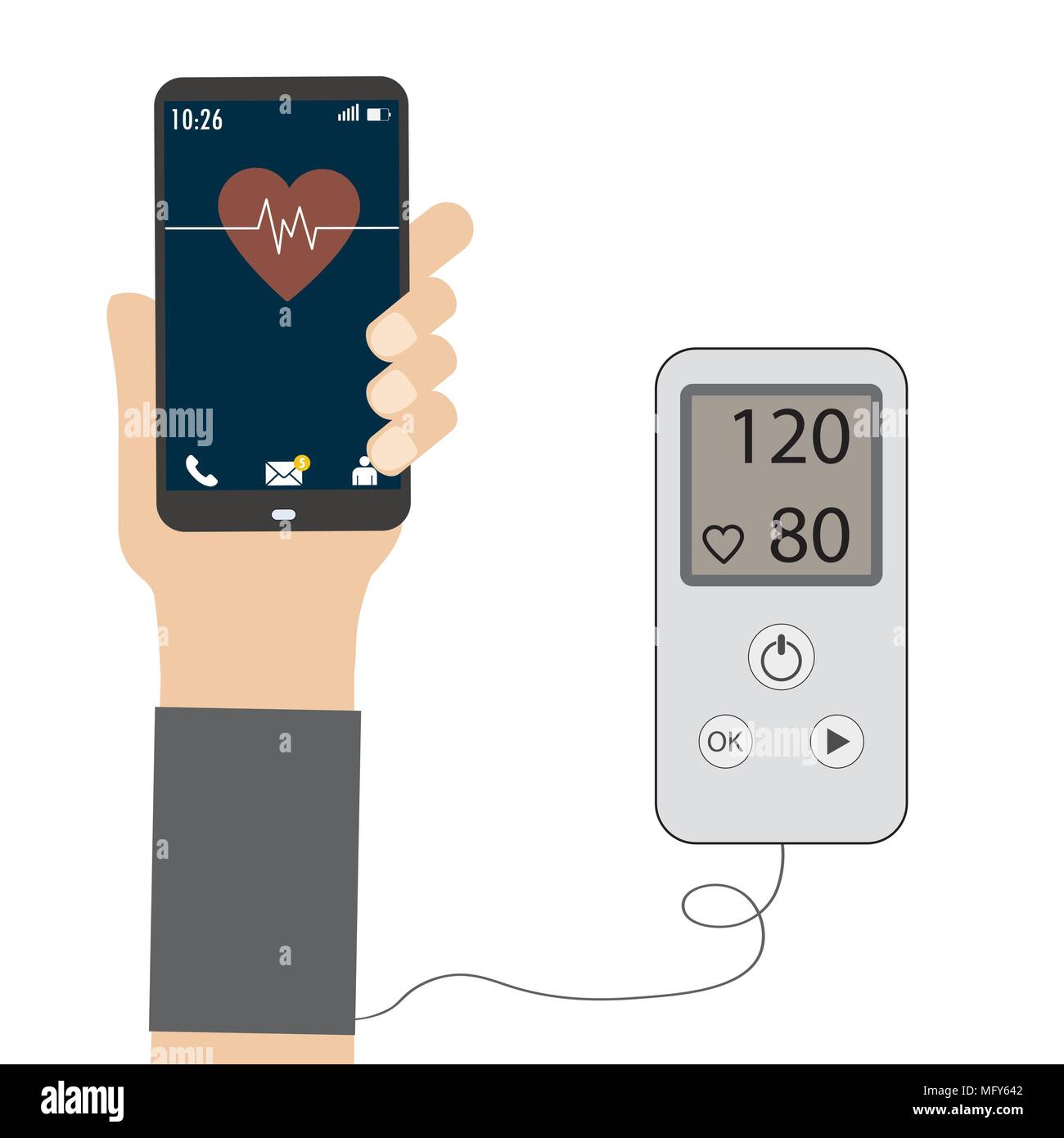 Alta pressione sanguigna concetto , la misura della pressione del sangue.Smart phone in mano. Isolato su sfondo bianco,Stock illustrazione vettoriale Illustrazione Vettoriale