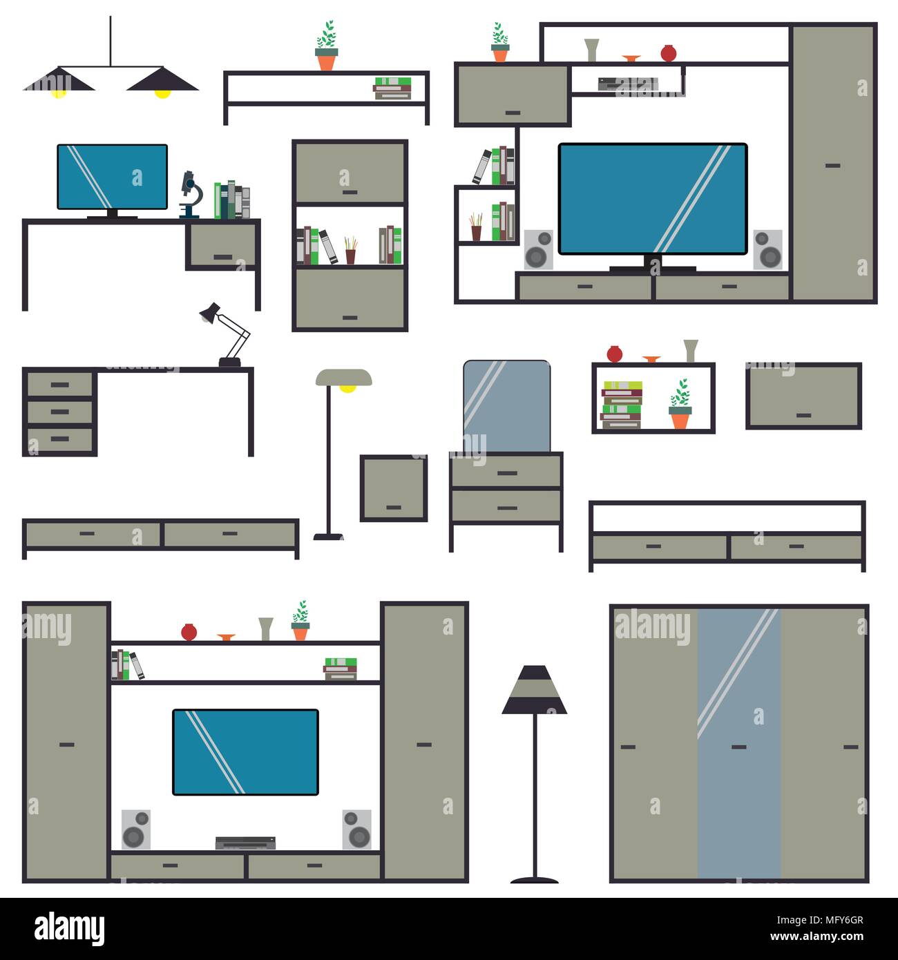 Cartoon Set grande arredamento per ufficio e casa,isolati su sfondo bianco ,piatta illustrazione vettoriale Illustrazione Vettoriale