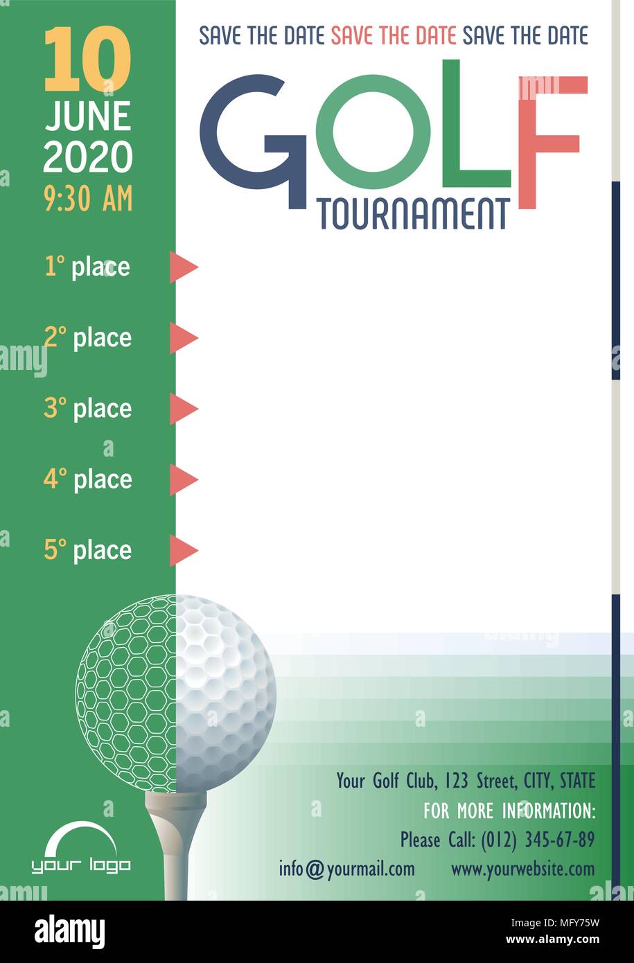 Torneo di golf al modello di poster. Luogo ideale per il tuo messaggio di testo. Illustrazione Vettoriale. Illustrazione Vettoriale