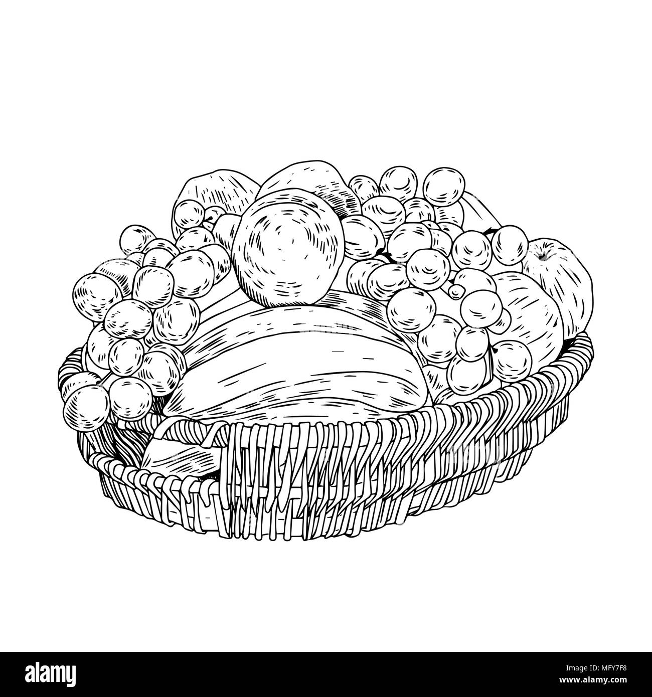Cesto di frutta. Incidi illustrazione di inchiostro. Uva e banane. Illustrazione Vettoriale