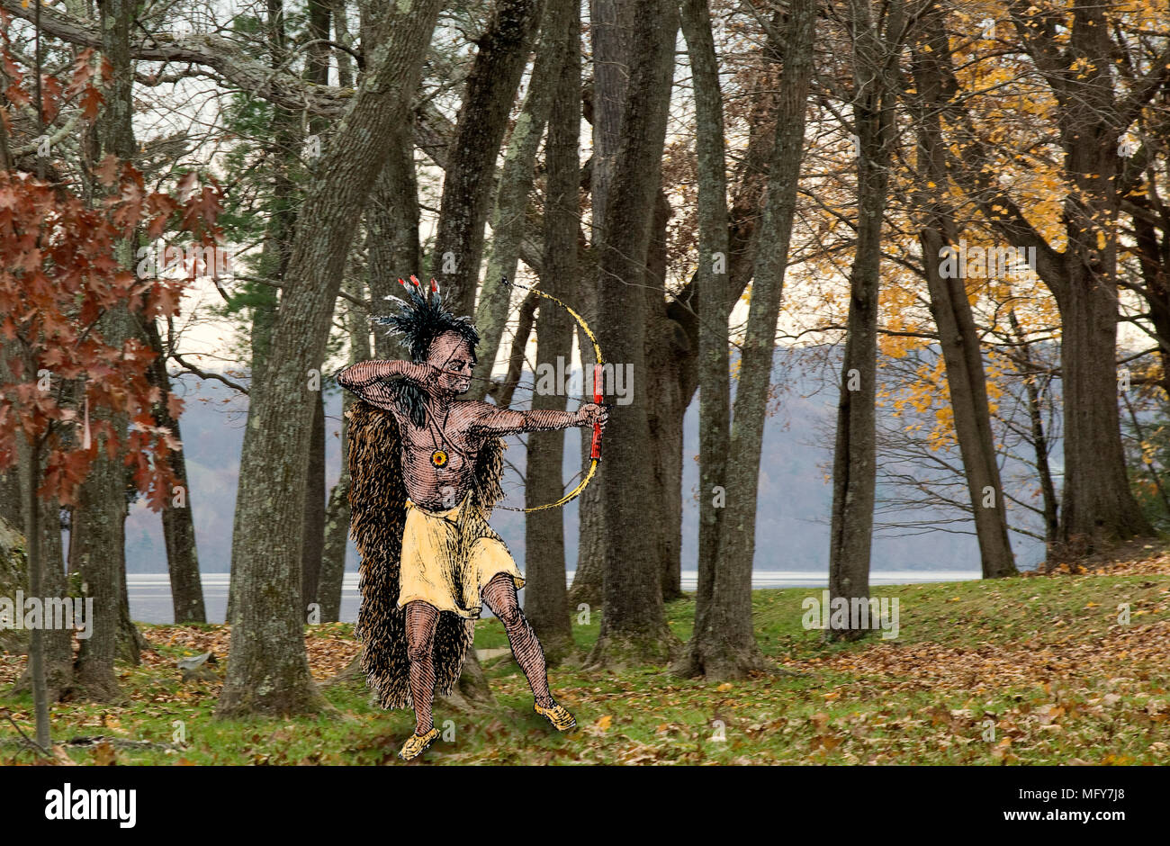 Iroquois guerriero o hunter puntando la prua e la freccia in una New York Stato bosco. La combinazione di una fotografia e una colorata a mano in xilografia Foto Stock