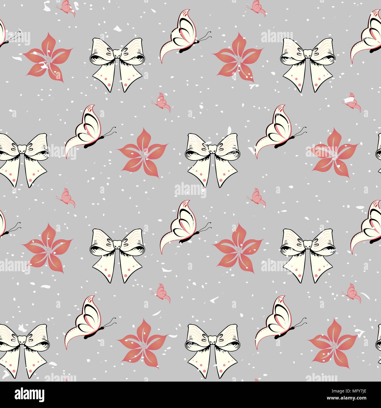 Gli archetti e flofers con rose e butterfly, dot seamless pattern. Nero e rosso in stile retro dello sfondo. Illustrazione Vettoriale