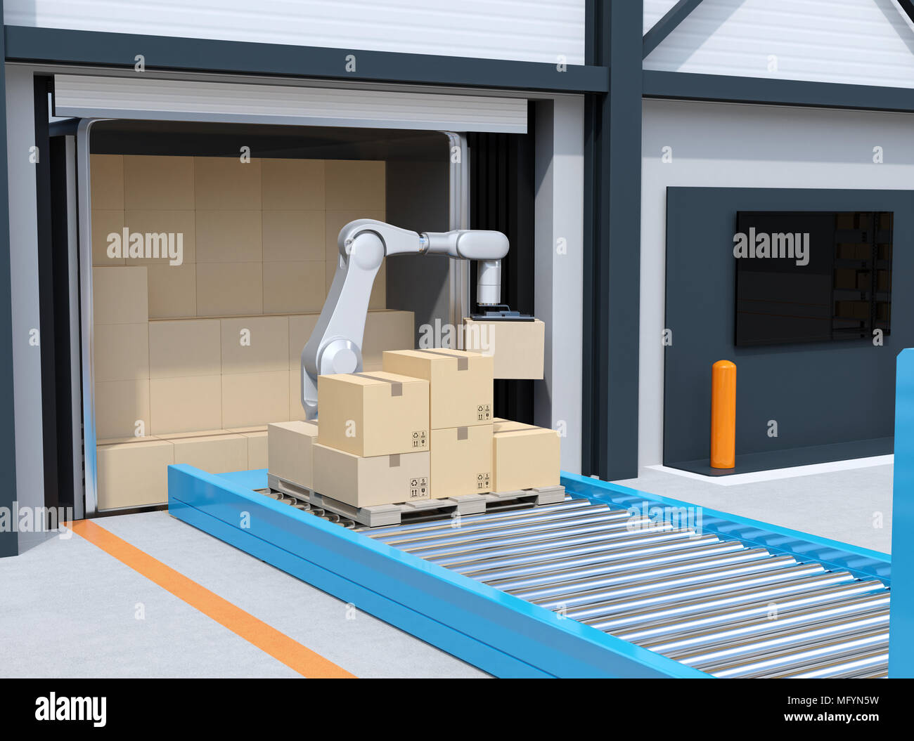 Robot industriale picking pacchi dal carrello contenitore di carico. Logistica il concetto di automazione. Il rendering 3D'immagine. Foto Stock