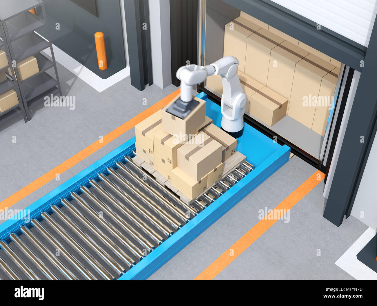 Robot industriale picking pacchi dal carrello contenitore di carico. Logistica il concetto di automazione. Il rendering 3D'immagine. Foto Stock