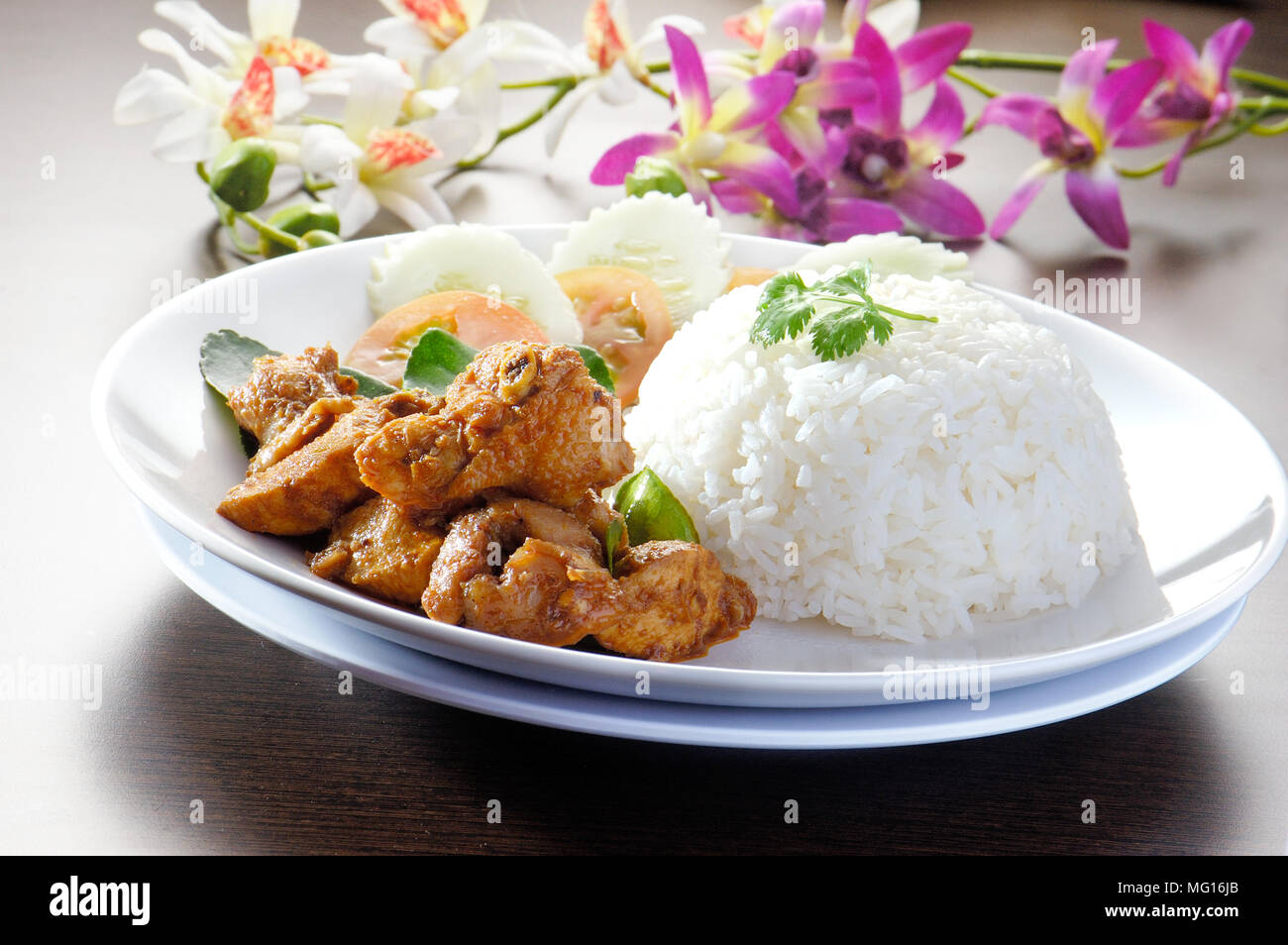 Pollo. friggere il pollo con riso verdure in background Foto Stock