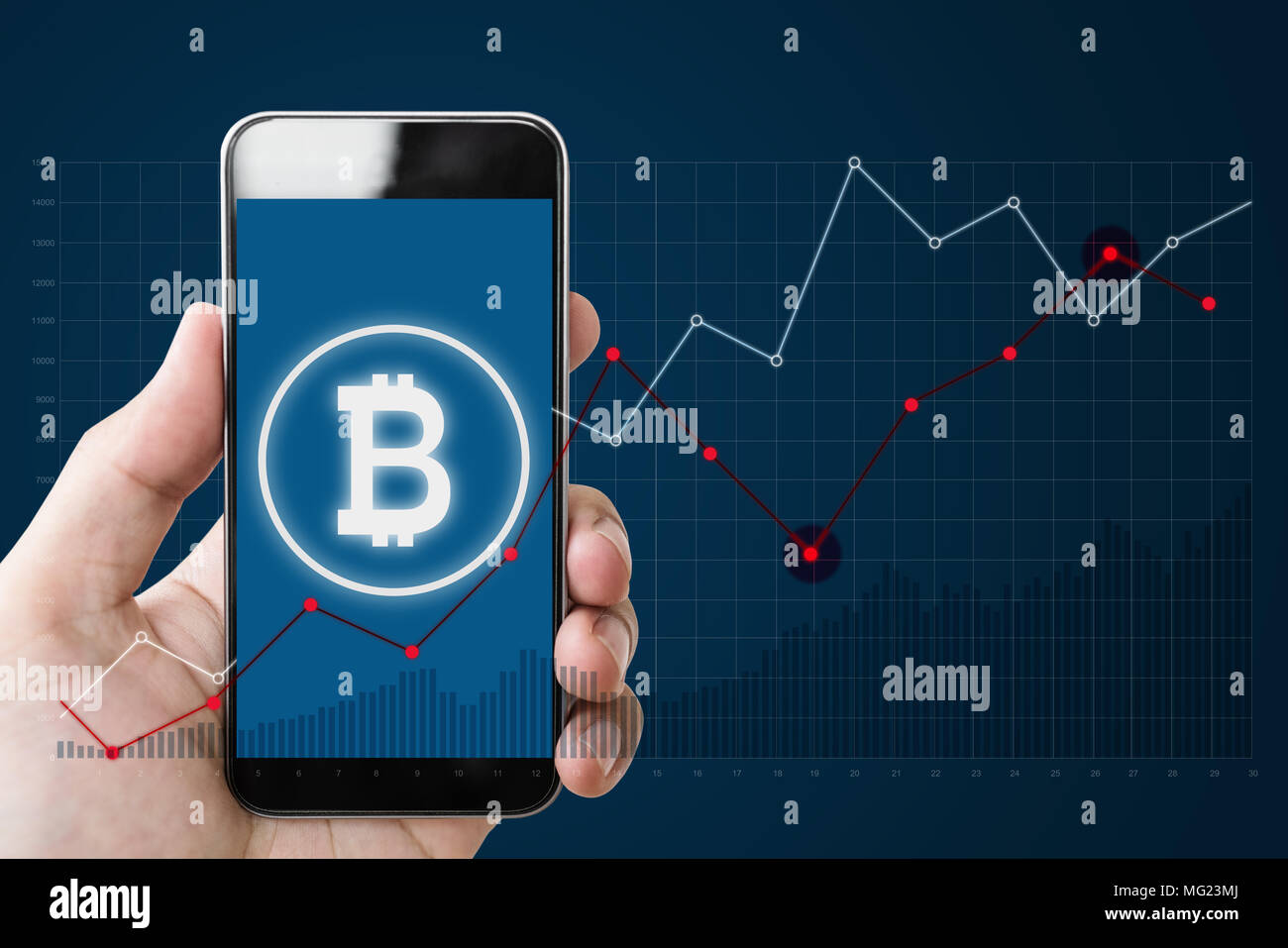 Mano azienda mobile smartphone con il simbolo B di Bitcoin, internet banking e la catena di blocco sullo schermo e sollevamento di sfondo grafico Foto Stock