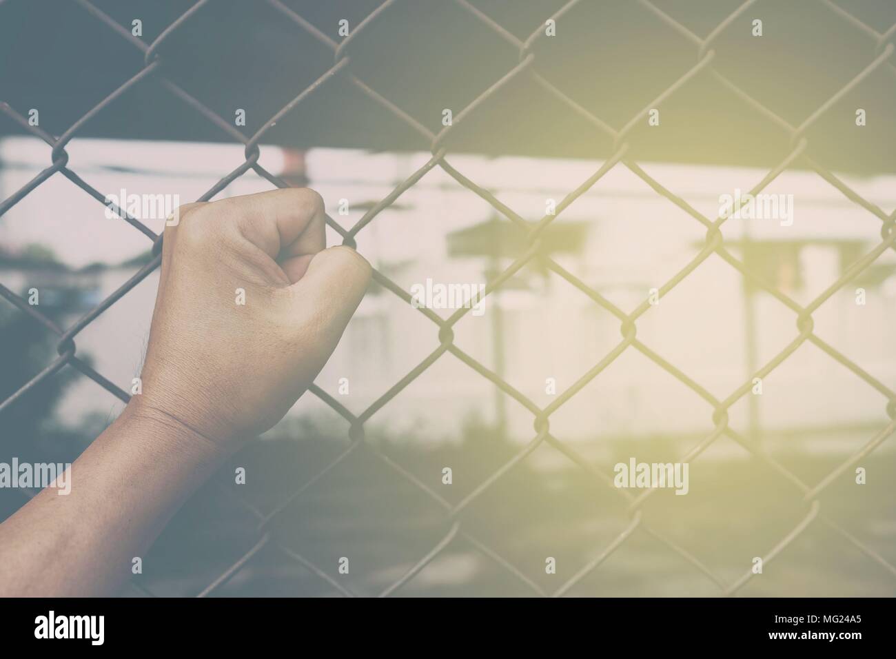 Pugno sulla catena collegamento recinto dello sfondo. Foto Stock
