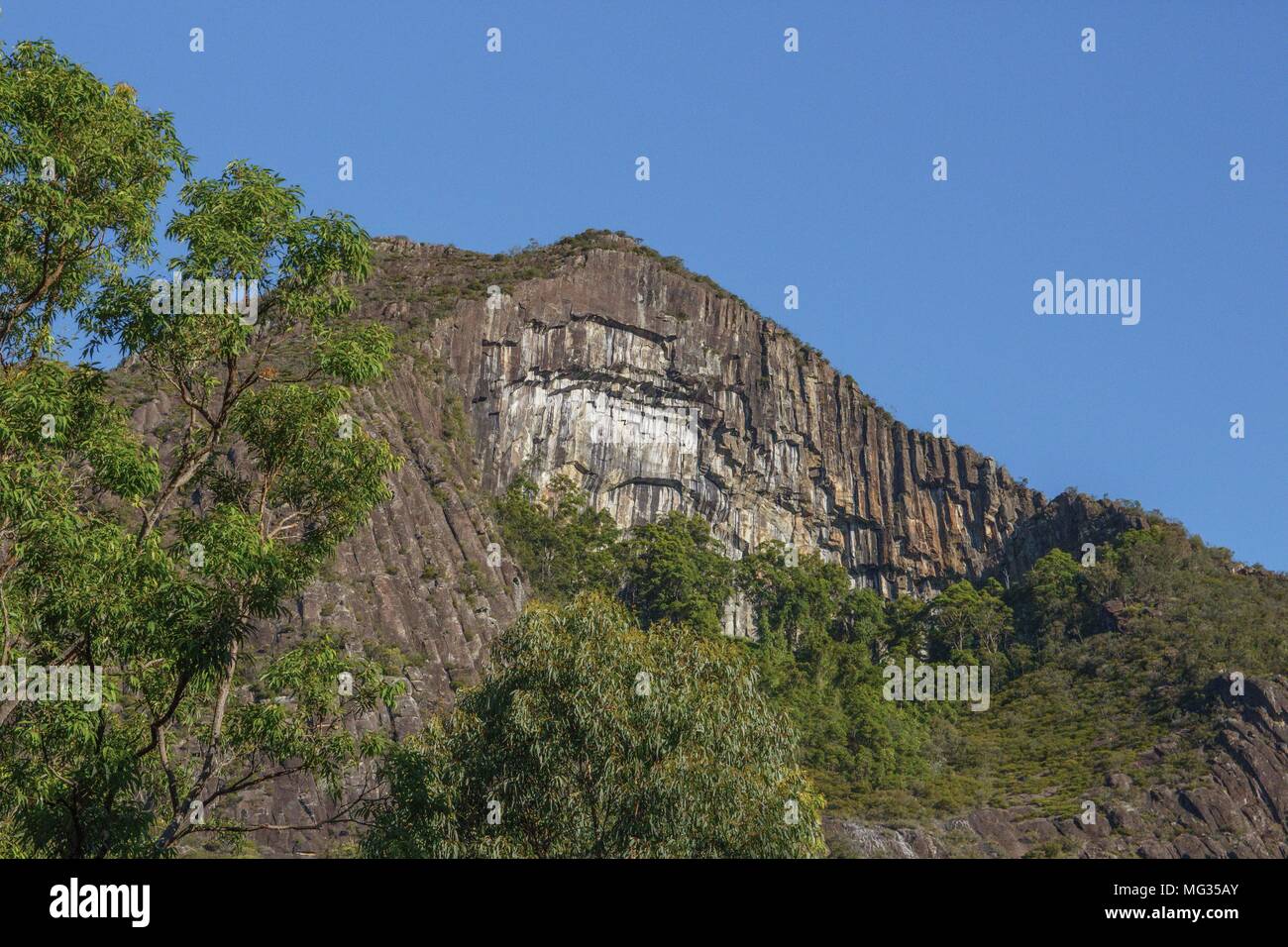 Lo scaglionamento scogliera jutts sopra la treeline da una radura presso la base della montagna. Sostenuta da un cielo blu chiaro. Foto Stock