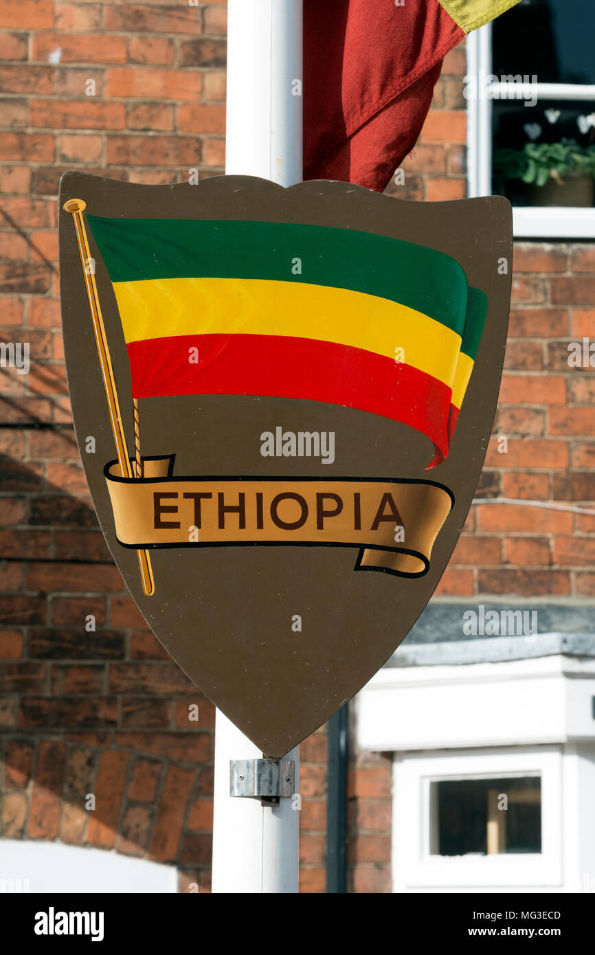 La bandiera di Etiopia su uno schermo, Stratford-upon-Avon, Regno Unito Foto Stock