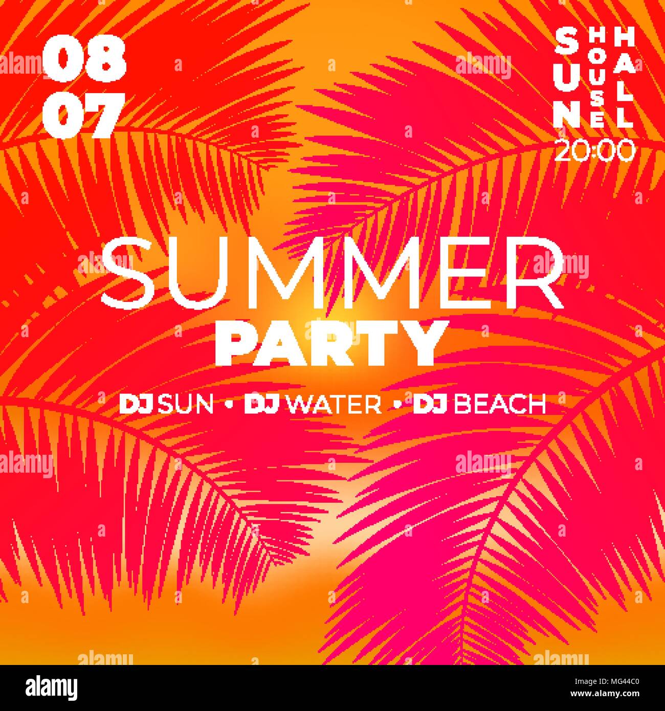 Tropical party modello poster. Tramonto estate rave sfondo con silhouette di Palm Illustrazione Vettoriale