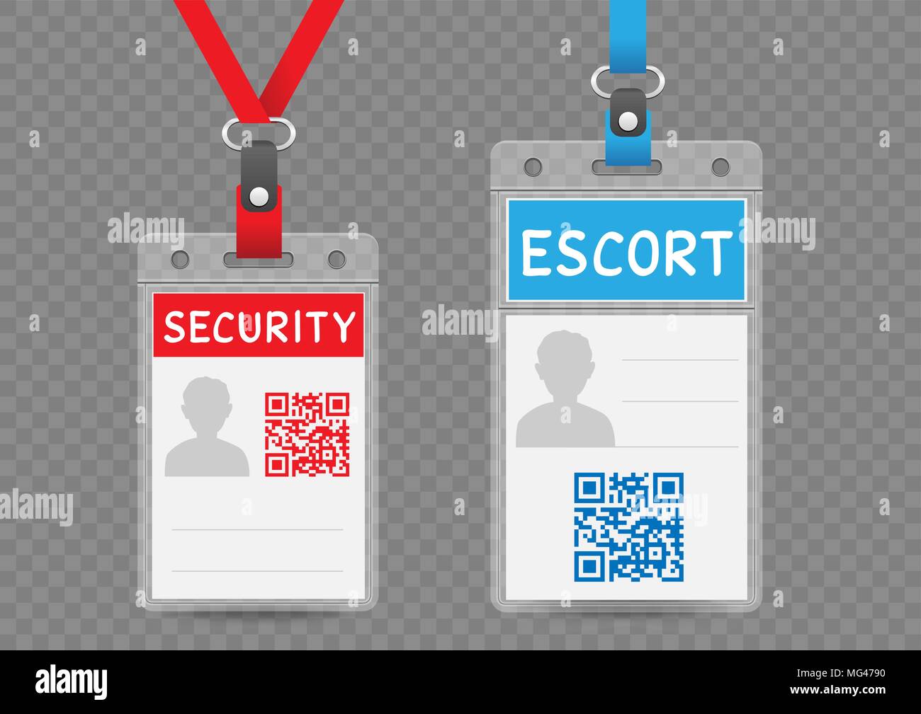 Security Escort badge verticale modello vuoto con il blu e il cordoncino rosso su sfondo trasparente. Identificazione id card mockup impostato Illustrazione Vettoriale