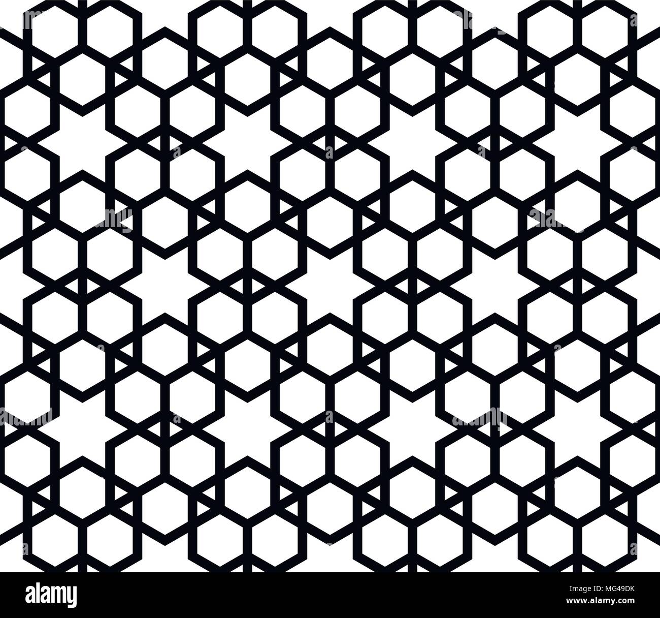 Seamless pattern in bianco e nero nel valore medio di spessore linee.La a sei punte stelle e da esagoni. Illustrazione Vettoriale