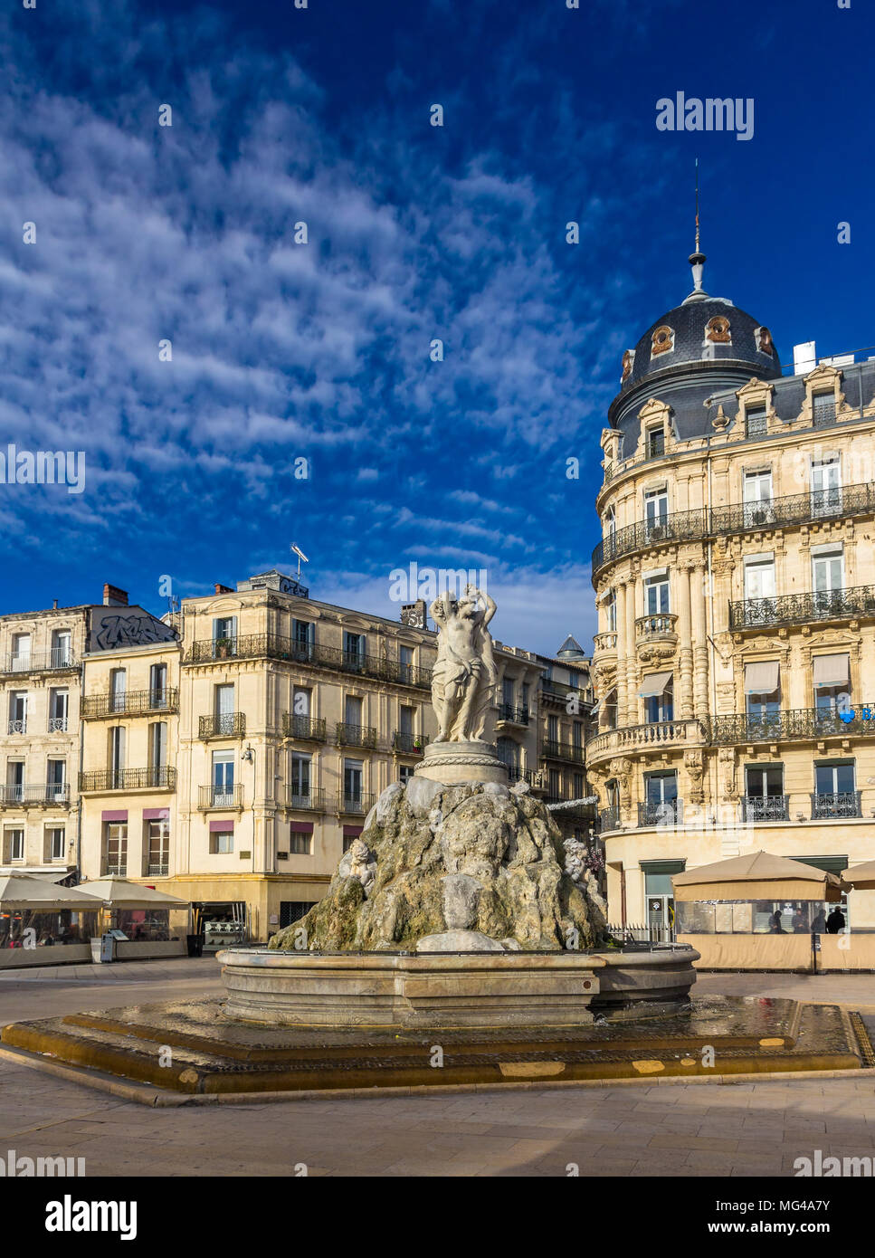 Fontaine des Trois grazie su Place de la Comedie di Montpellier, Foto Stock