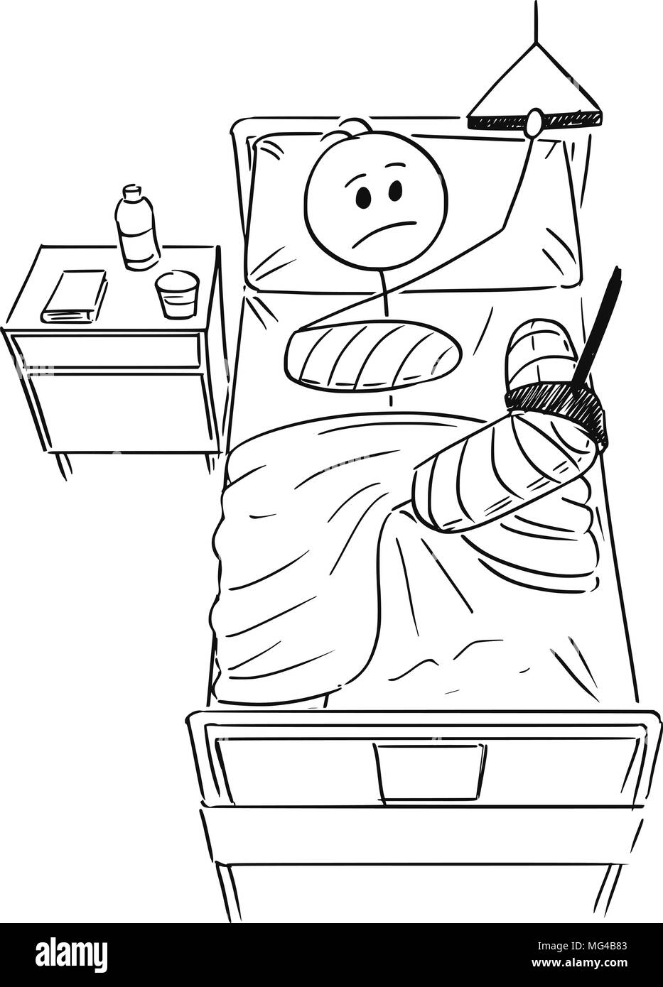 Cartoon di uomo o imprenditore che ha rotto la gamba e il braccio disteso sul letto in ospedale Illustrazione Vettoriale