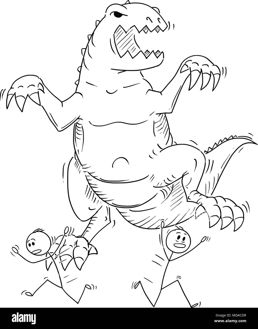 Cartoon di persone o imprenditori di scappare da Monster dinosauro Godzilla creatura Illustrazione Vettoriale