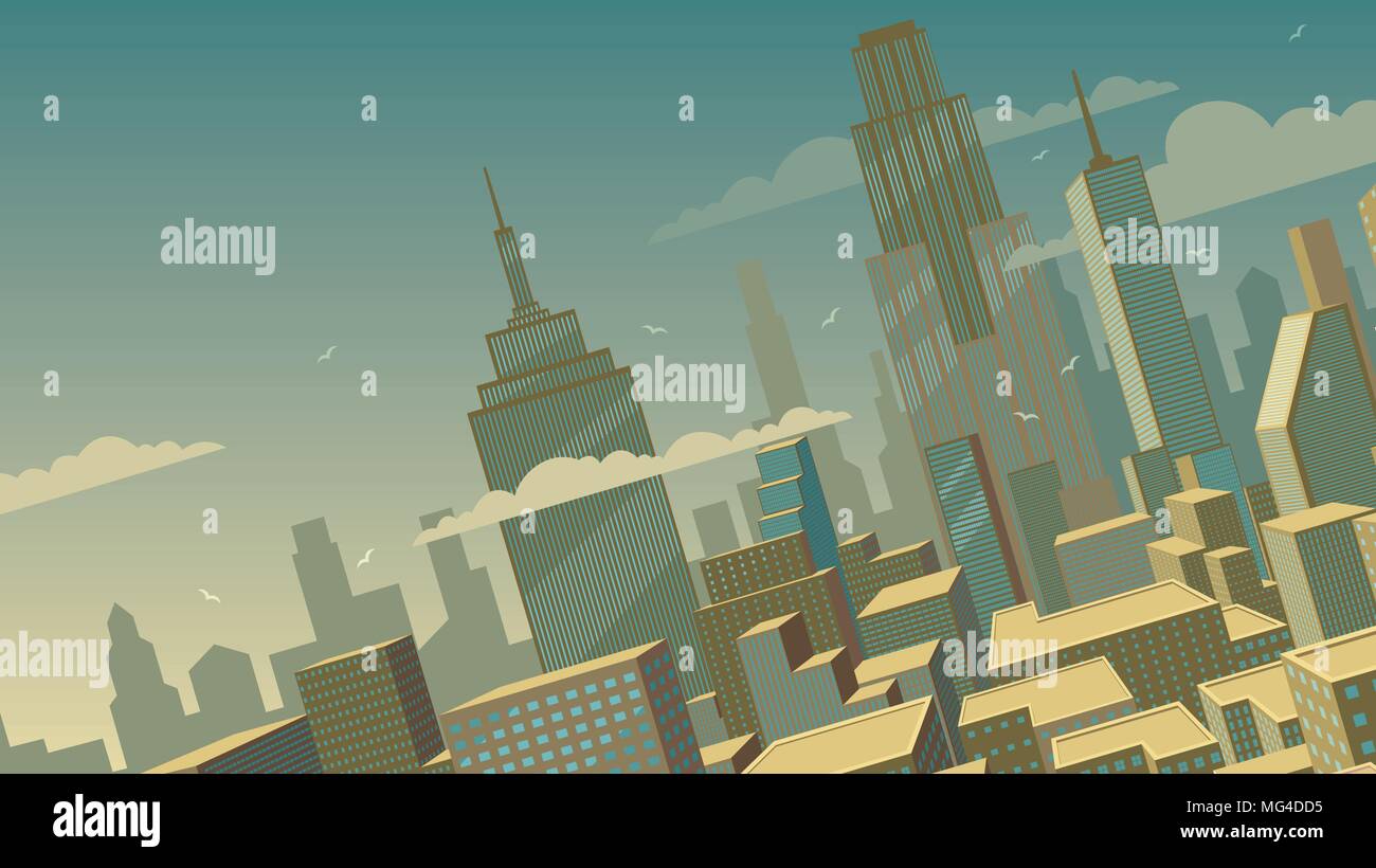 Inclinato Cartoon Cityscape Illustrazione Vettoriale