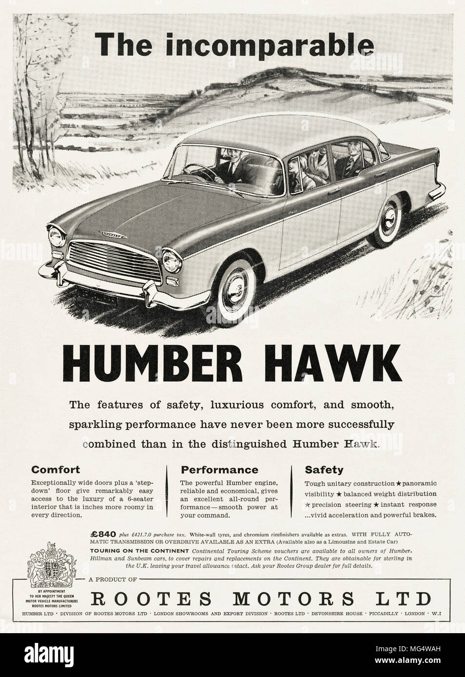 Anni Cinquanta vintage originale pubblicità pubblicità nuova Humber Hawk famiglia berlina dalla Rootes Motors Ltd dal Royal Appuntamento nella rivista inglese circa 1958 Foto Stock