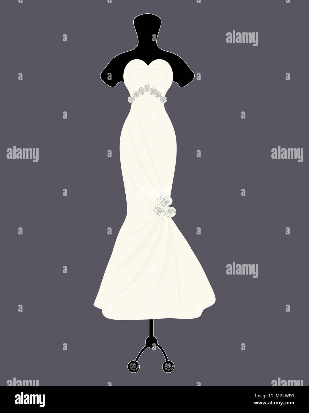 Un'illustrazione di un designer di Bellissimo abito da sposa in uno stile a campana con decorazione di rosa su sfondo grigio scuro Foto Stock