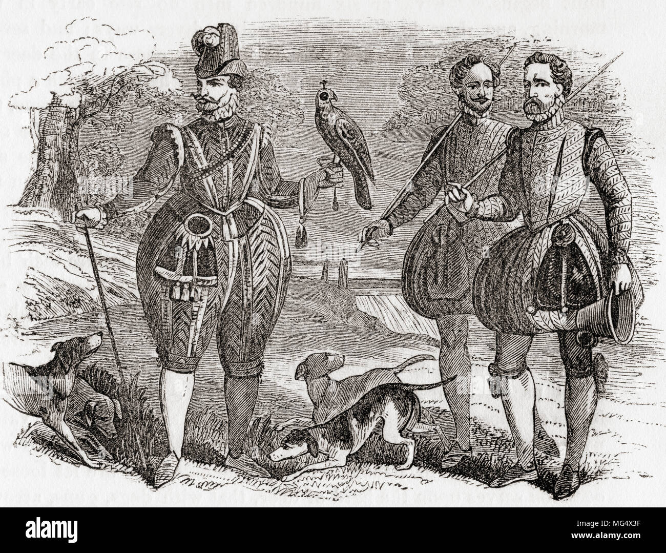 James I e i suoi assistenti hawking fuori. Giacomo VI e I, 1566 - 1625. Re di Scozia come Giacomo VI dal 24 luglio 1567 e Re di Inghilterra e Irlanda come Giacomo I dal 24 marzo 1603 -1625. Da Vecchia Inghilterra: un museo pittorico, pubblicato nel 1847. Foto Stock