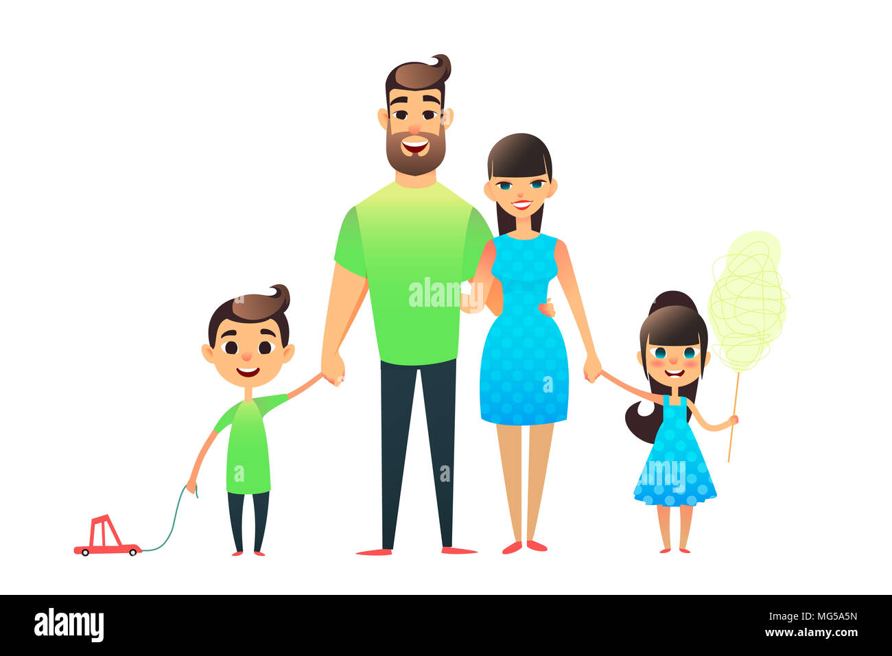 Happy Cartoon Flat Family Portrait Madre Padre E Figlio Figlia Insieme Mamma E Papa Abbraccio Il Fratello Sta Portando Un Giocattolo Auto Su Una Stringa L I S Foto Stock Alamy
