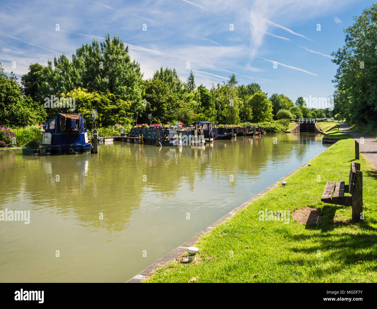 Case galleggianti ormeggiate sul Kennet and Avon Canal vicino al volo famoso di serrature a Caen Hill nel Wiltshire. Foto Stock