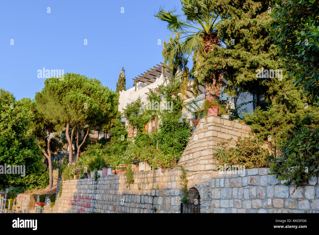 Vista panoramica della tipica architettura Egeo case con il colore bianco a Bodrum,Turchia. Foto Stock