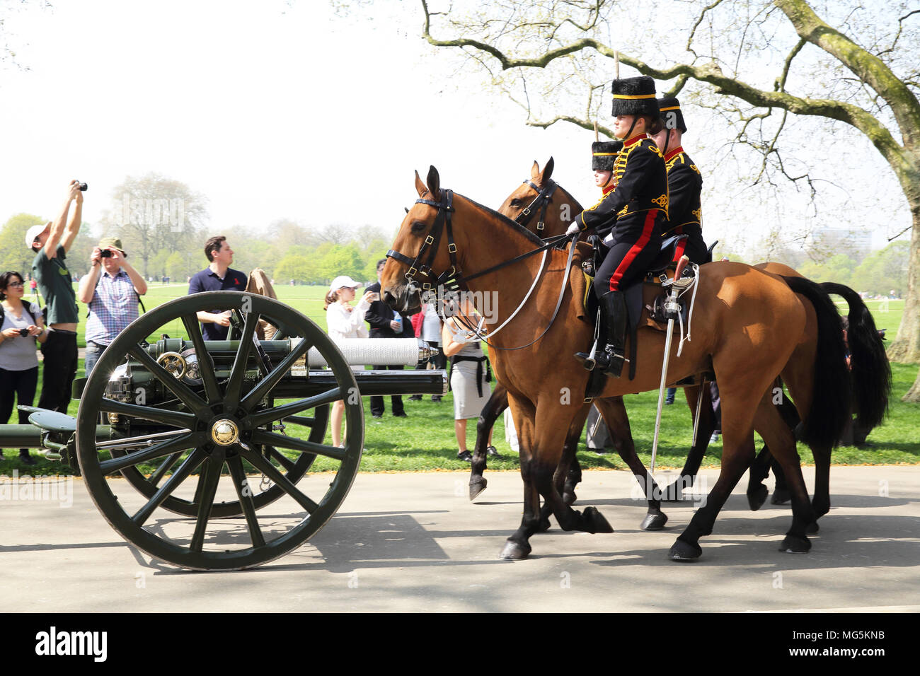 La famiglia lo smantellamento di cavalleria canonici, utilizzato per celebrare la regina 92compleanno con una pistola 41, salutano in Hyde Park, London, Regno Unito Foto Stock