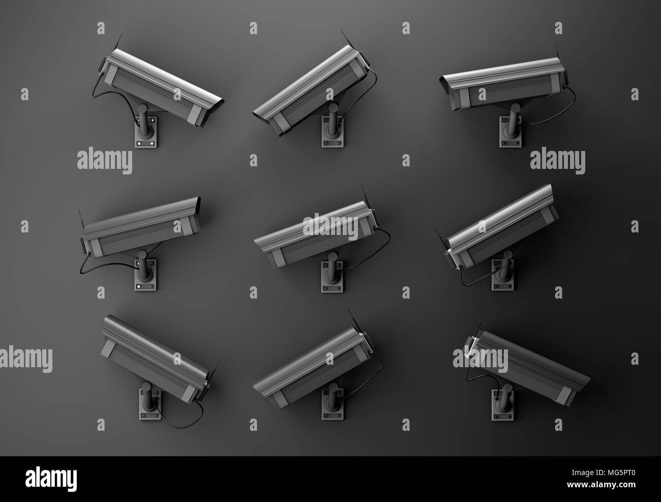 3d illustrazione della tecnologia per la protezione dei dati il concetto di privacy con molte videocamere di sorveglianza su una nera parete scura rivolte in direzioni differenti Foto Stock
