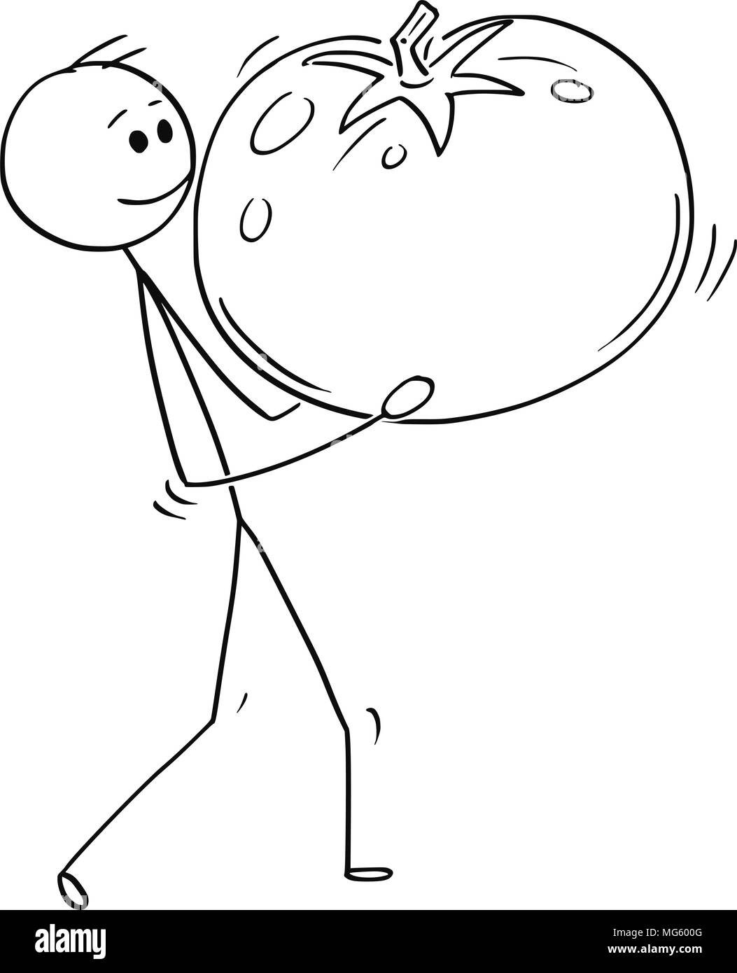 Cartoon di uomo che porta grande pomodoro maturo frutta Illustrazione Vettoriale