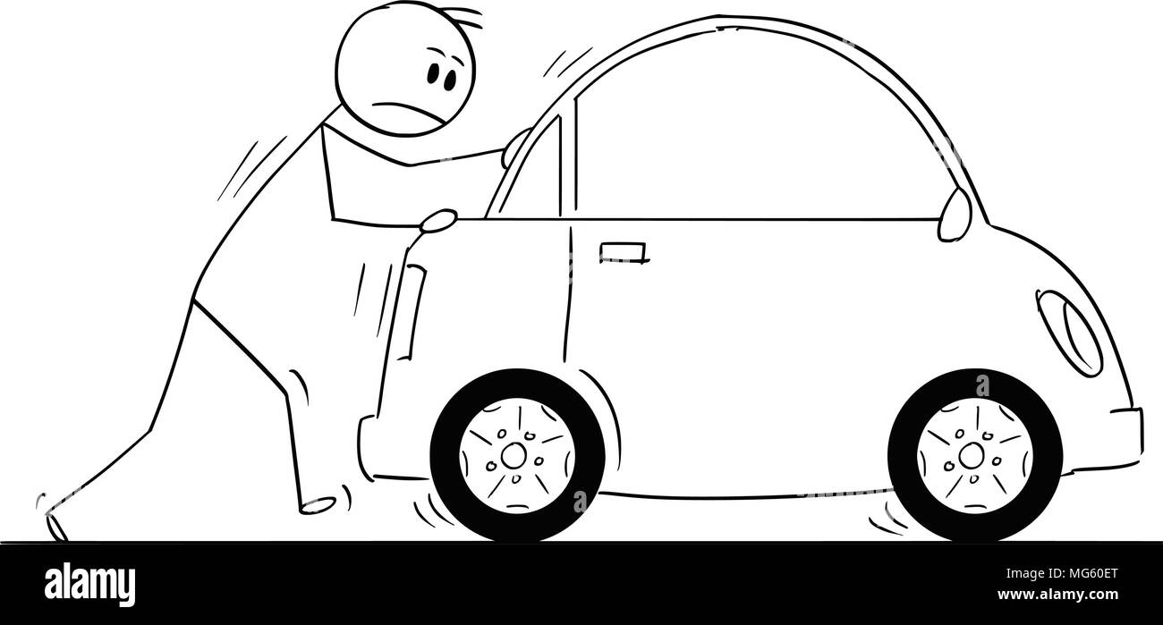 Cartoon di uomo o imprenditore spingendo Broken auto Illustrazione Vettoriale