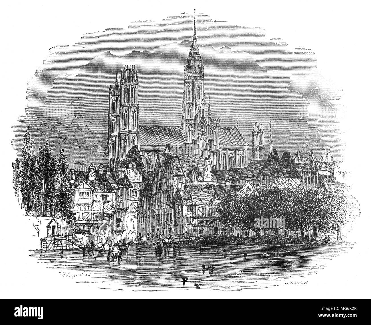La cattedrale e la città di Rouen, una città sul fiume Senna nel nord della Francia. È la capitale della regione della Normandia. Ex sede dello scacchiere della Normandia durante il Medioevo. È stato uno dei capitelli delle dinastie anglo-normanna, ha stabilito che sia l'Inghilterra e gran parte della moderna Francia dal XI al XV secolo. Foto Stock