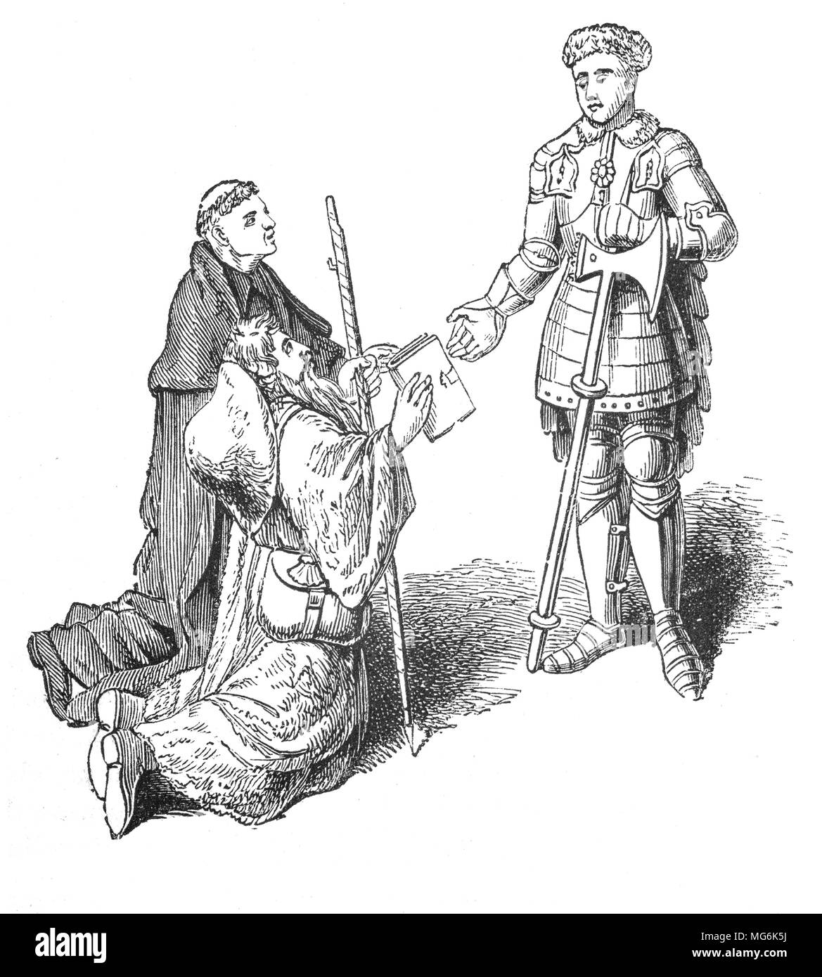 John Lydgate di Bury (1370 - 1451), monaco e poeta, presentando il suo poema, 'Il Pellegrino" di Richard de Beauchamp, xiii conte di Warwick. Egli era nato a Lidgate, vicino a Haverhill, Suffolk, Inghilterra. Con un prodigioso uscita poetica, egli ha chiesto e ottenuto il patronato per la sua opera letteraria presso i tribunali di Enrico IV d'Inghilterra, Enrico V di Inghilterra e Enrico VI di Inghilterra. I suoi patroni incluso, tra molti altri, del sindaco e degli assessori di Londra, il Capitolo della Cattedrale di San Paolo, Richard de Beauchamp. Foto Stock