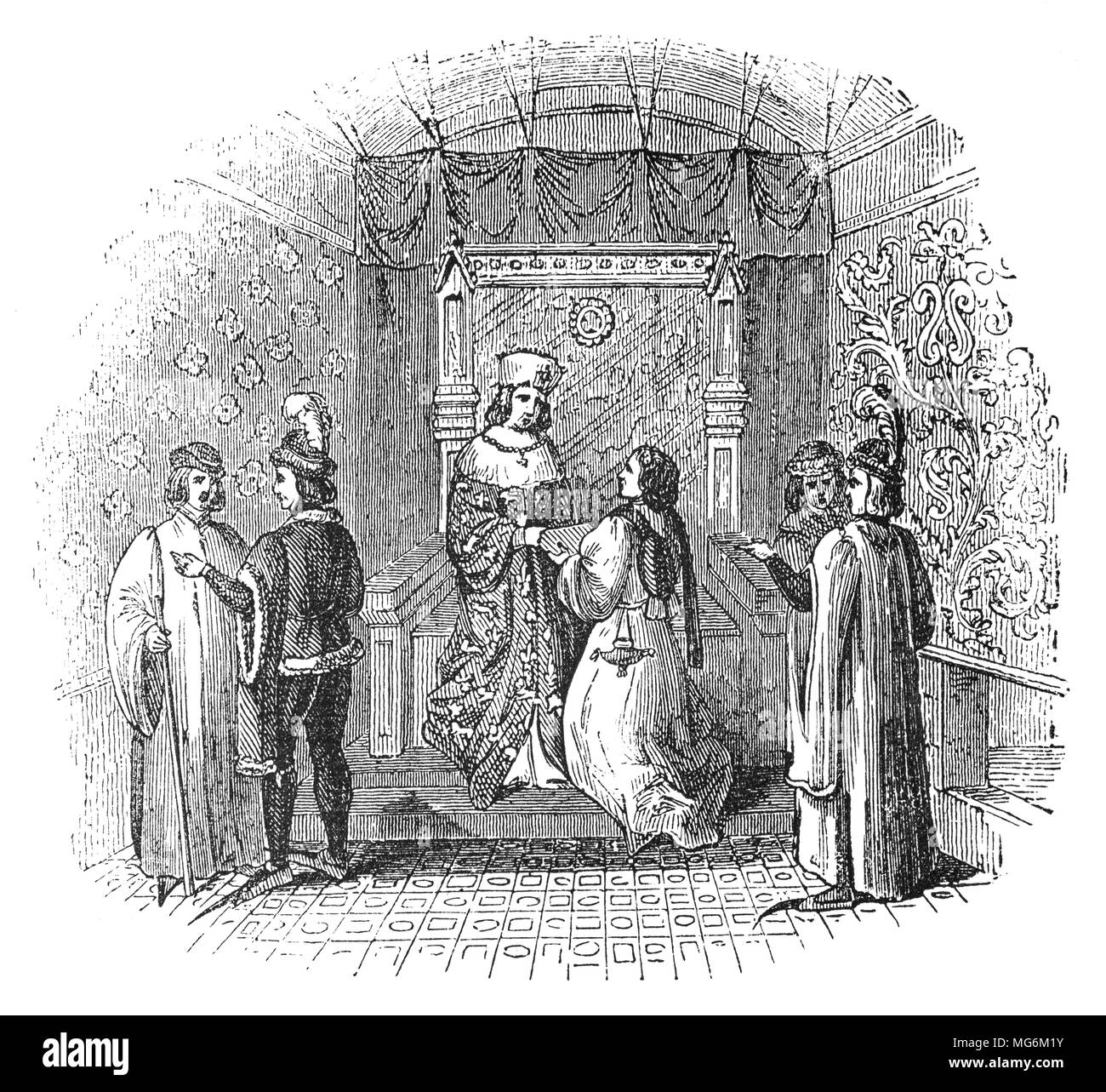 La Corte di Edward IV (1442 - 1483), re d'Inghilterra dal 4 marzo 1461 al 3 ottobre 1470 e di nuovo dal 11 aprile 1471 fino alla sua morte. Egli è stato il primo Yorkist re d'Inghilterra. La prima metà della sua regola è stata segnata dalla violenza associate con le guerre di rose, ma egli ha superato la sfida Lancastrian al trono a Tewkesbury in 1471 a regnare in pace fino alla sua morte improvvisa, eventualmente fromPneumonia e tifo, veleno è stato anche suggerito o uno stile di vita poco sano, come egli era diventato stout e inattivo negli anni prima della sua morte. Foto Stock