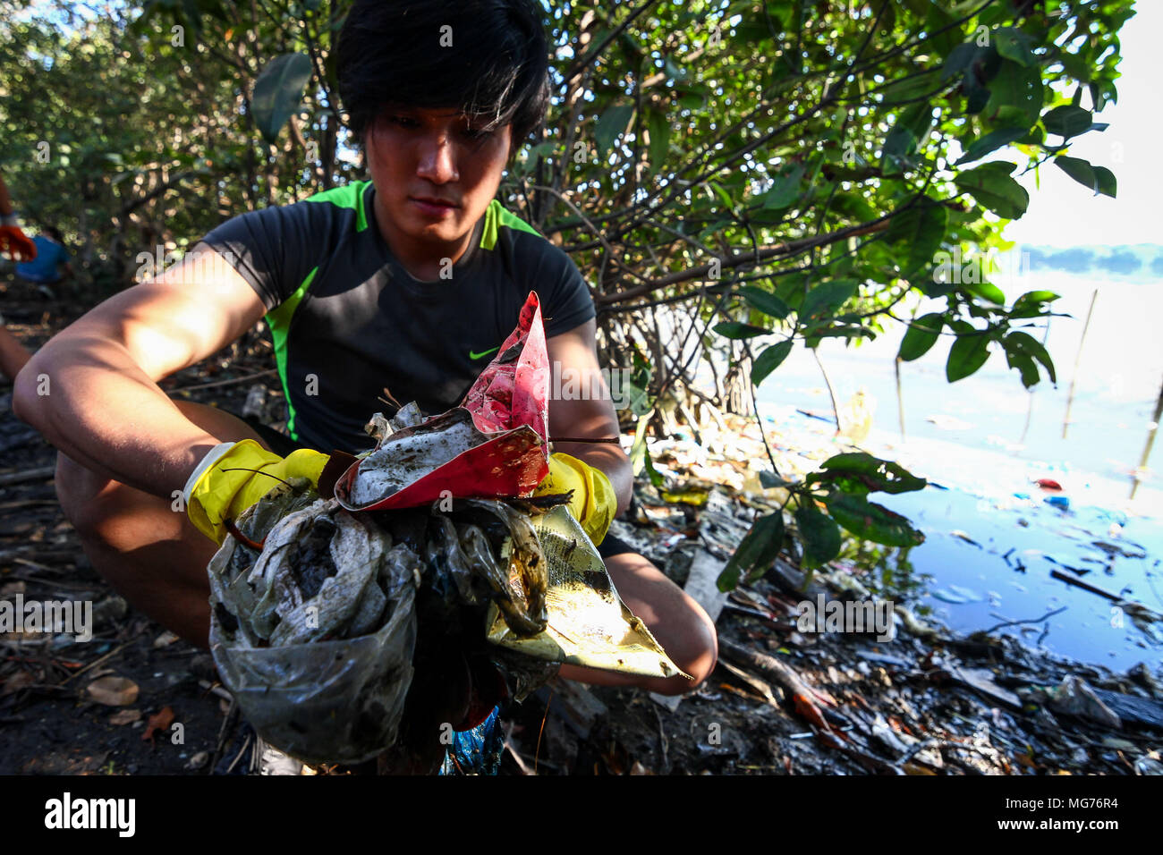 Volontari raccolta dei rifiuti lungo la linea di galleggiamento di mangrovie di libertà isola. Gruppo verde isola di massa Istituto, insieme con i volontari, terrà una zona umida il clean-up sulla libertà isola, a circa 11 chilometri a sud di Manila, come la chiamano per la riabilitazione e non di bonifica. Il Mangrove rivestita wetland è un rifugio per gli uccelli migratori e viene eyed per la bonifica e di ulteriore sviluppo da parte del governo locale. Foto Stock