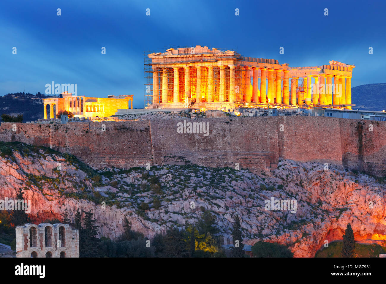 Acropolis Hill e il Partenone di Atene, Grecia Foto Stock