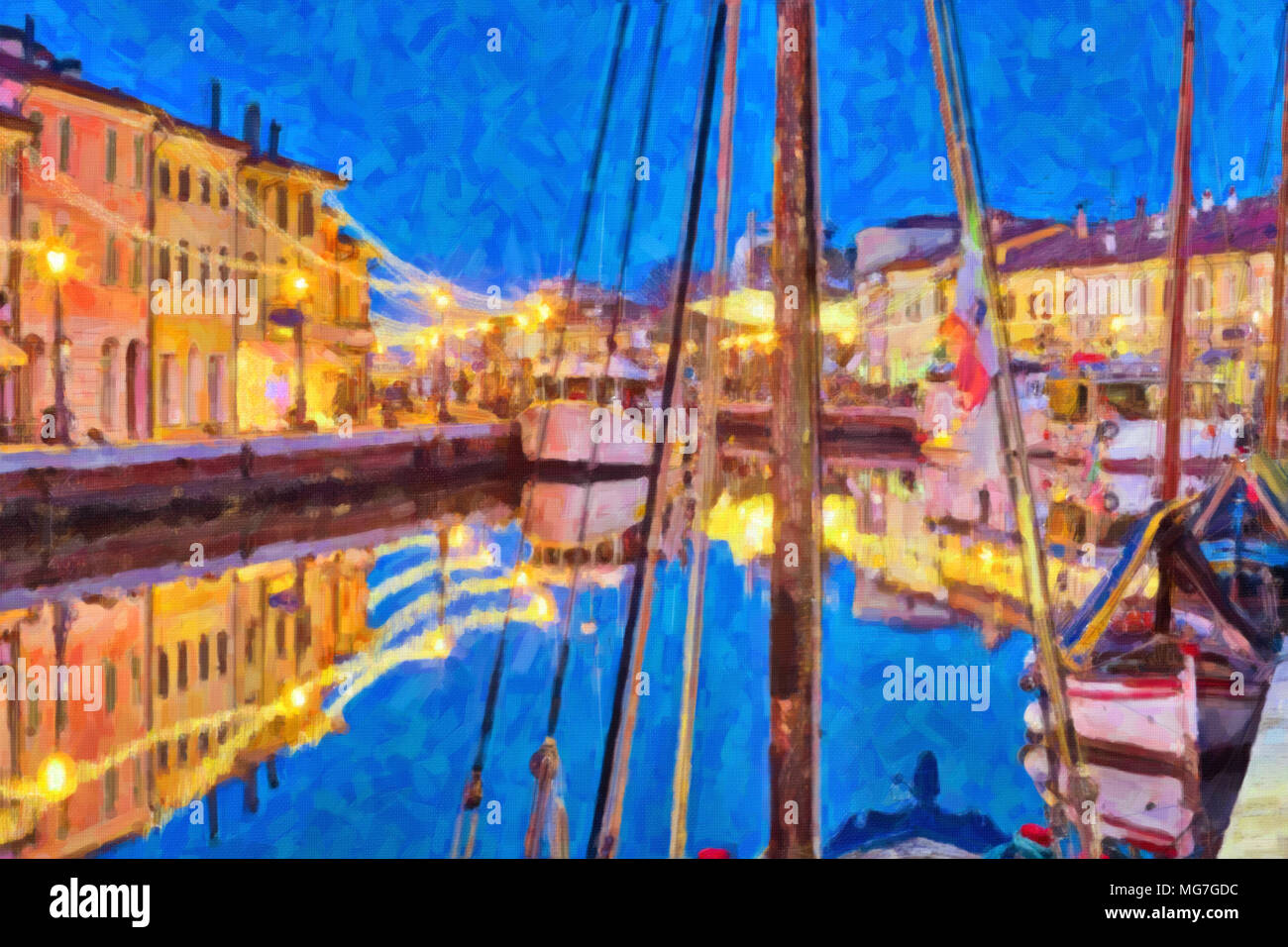 Illustrazione di blu ora al tramonto sul porto canale di Cesenatico, migliore destinazione turistica della Riviera Romagnola in Italia Foto Stock