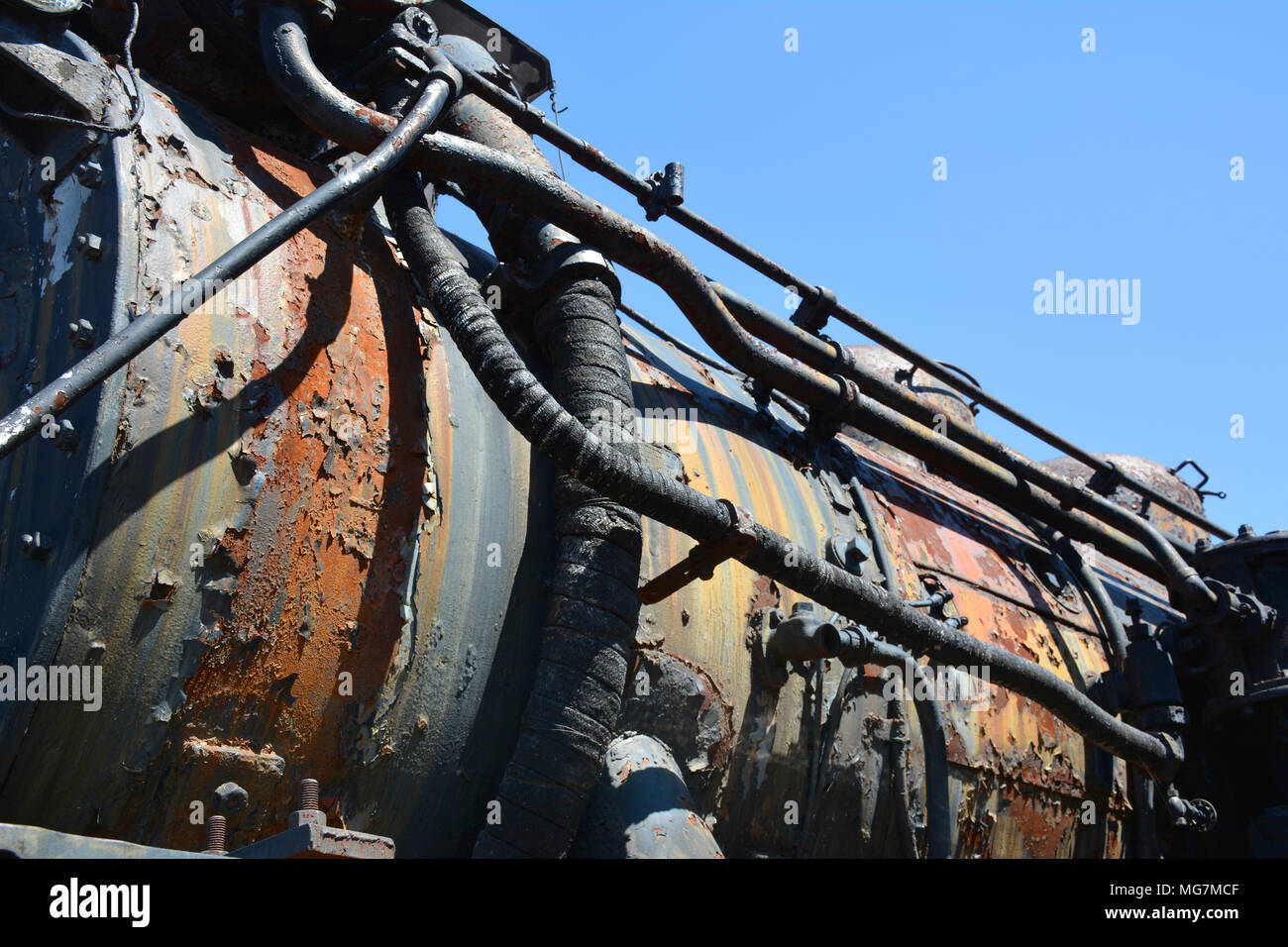 Dettaglio della locomotiva non ripristinati situato a Steamtown Sito Storico Nazionale situato su 62.48 acri di terreno nel centro cittadino di Scranton, Pennsylvania Foto Stock
