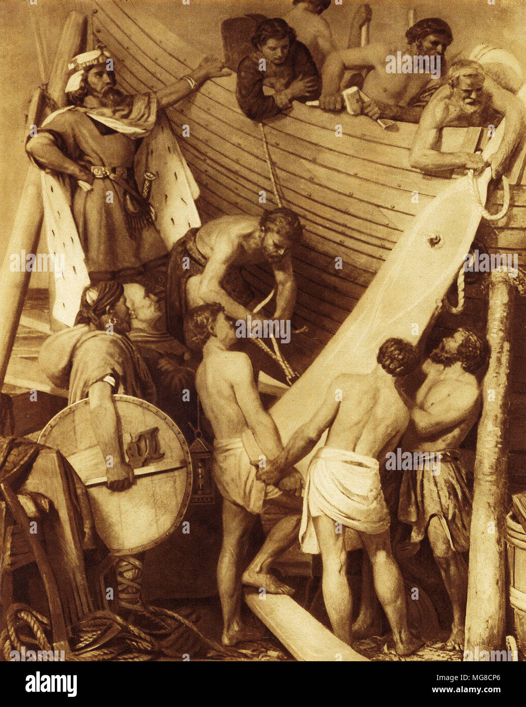 Re Alfredo il Grande di Inghilterra costruisce una flotta di navi, il primo marina britannica, la sconfitta dei danesi nel loro longboats. Da un dipinto originale di H R Mileham. Foto Stock