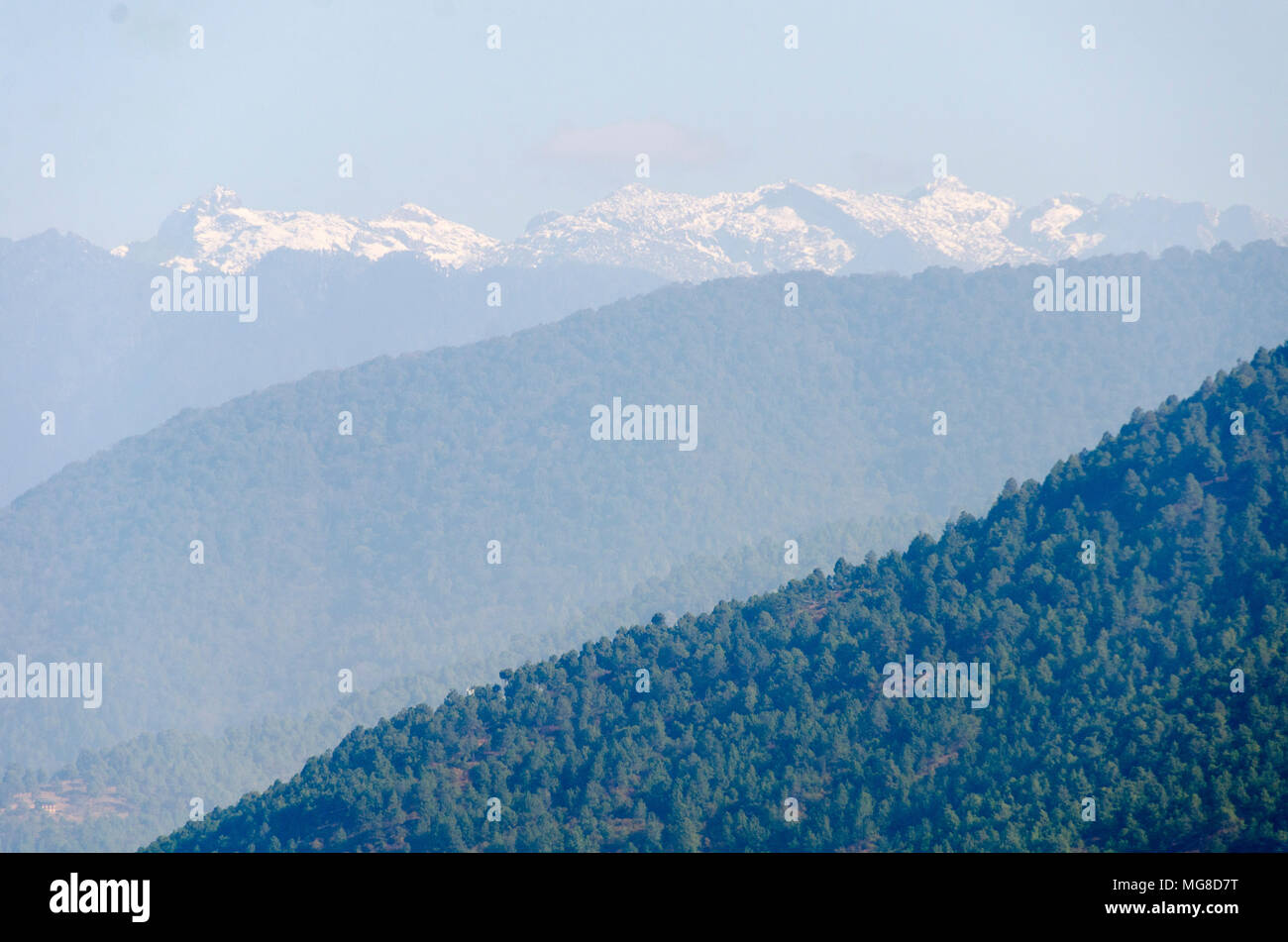 Gamme di Misty e delle montagne innevate, Punakha, Bhutan Foto Stock